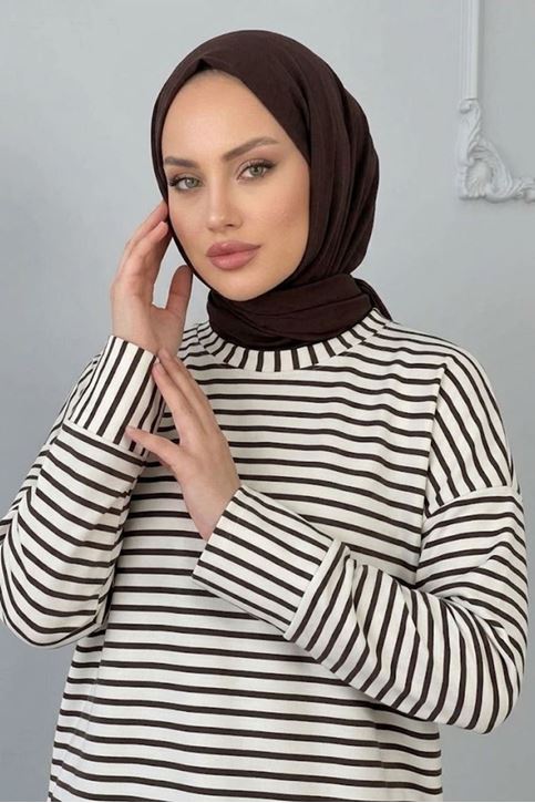 Kadın Çizgili Oysho Kumaş Rahat Kalıp Trend Tesettür Tunik Kahve