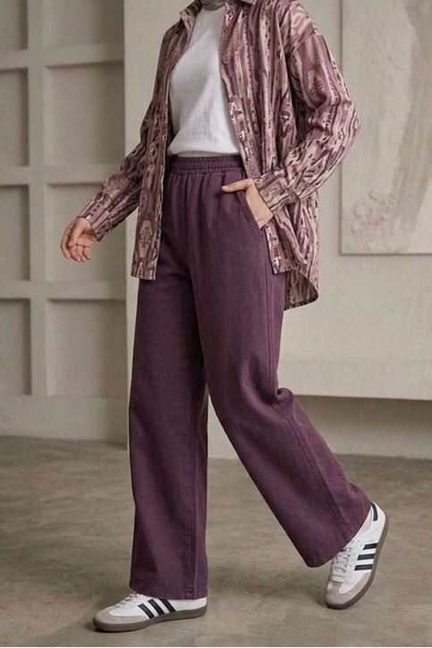 Kadın Cepli Yıkamalı Beli Lastikli Trend Rahat Kalıp Tesettür Pantolon Bordo