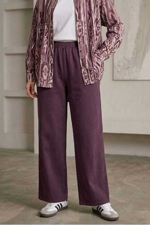 Kadın Cepli Yıkamalı Beli Lastikli Trend Rahat Kalıp Tesettür Pantolon Bordo