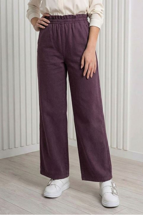 Kadın Cepli Yıkamalı Beli Lastikli Trend Rahat Kalıp Tesettür Pantolon Bordo