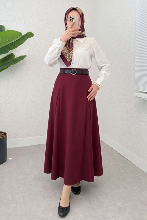 Kadın Bordo Kelebek Formlu Kemerli Yarı Mevlana Tesettür Etek