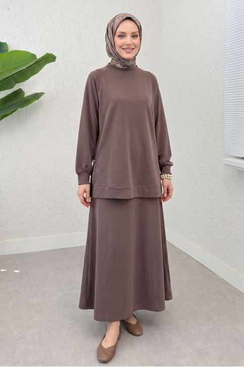 Kadın Modal Pike Kumaş Tunik Yan Fermuar Detay Reglan Kol Etekli Tunik Tesettür Takım Açık Kahve