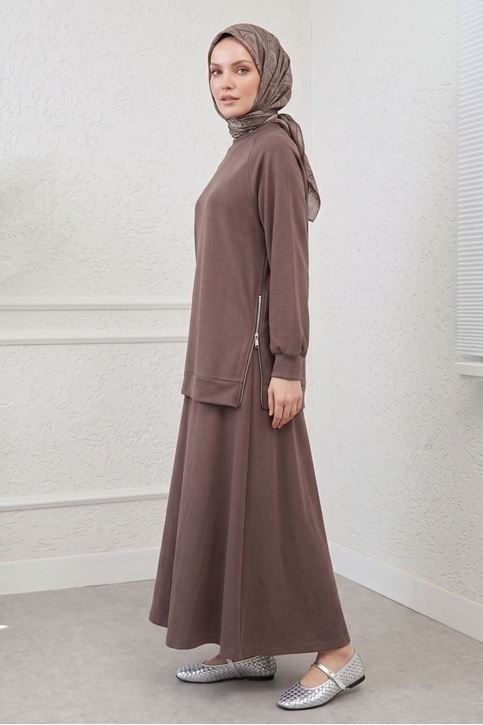 Kadın Modal Pike Kumaş Tunik Yan Fermuar Detay Reglan Kol Etekli Tunik Tesettür Takım Açık Kahve
