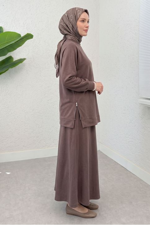 Kadın Modal Pike Kumaş Tunik Yan Fermuar Detay Reglan Kol Etekli Tunik Tesettür Takım Açık Kahve