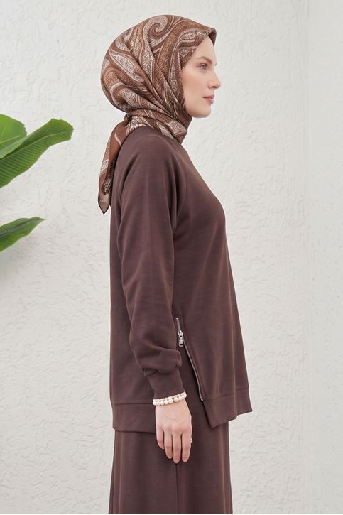 Kadın Modal Pike Kumaş Tunik Yan Fermuar Detay Reglan Kol Etekli Tunik Tesettür Takım Kahve