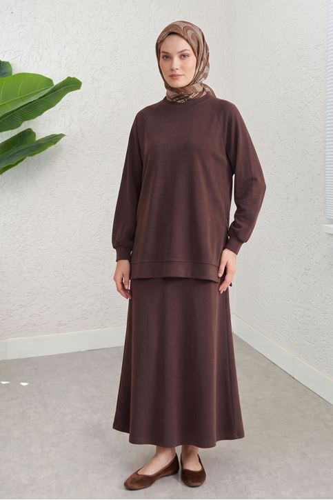 Kadın Modal Pike Kumaş Tunik Yan Fermuar Detay Reglan Kol Etekli Tunik Tesettür Takım Kahve