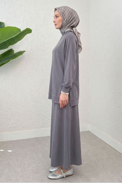 Kadın Modal Pike Kumaş Tunik Yan Fermuar Detay Reglan Kol Etekli Tunik Tesettür Takım Antrasit