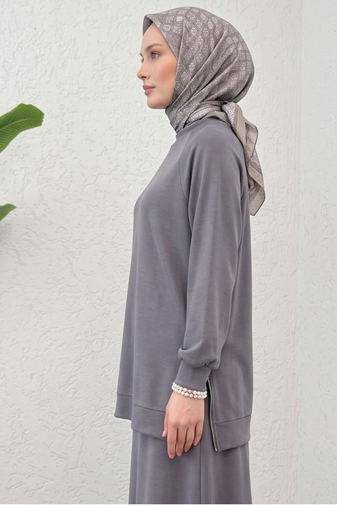 Kadın Modal Pike Kumaş Tunik Yan Fermuar Detay Reglan Kol Etekli Tunik Tesettür Takım Antrasit