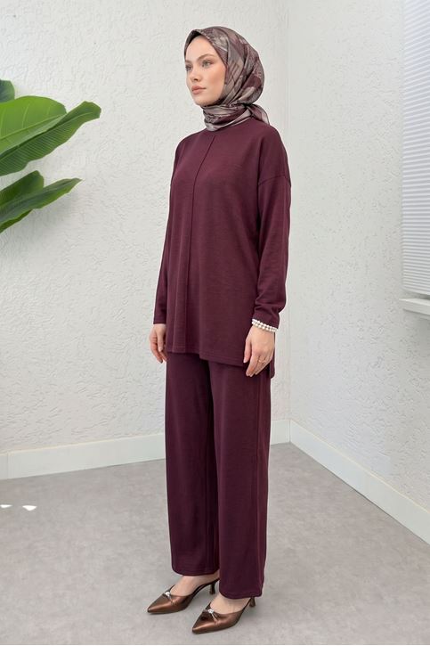 Kadın Bordo Ortadan Dikişli Tunik Salaş Takım Yüksek Bel Bol Paça Pantolon Tesettür İkili Takım Kombin