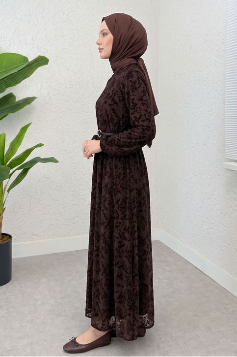 Kadın Flok Baskılı Kolu Kemerli Lastikli Astarlı Tesettür Elbise Kahve