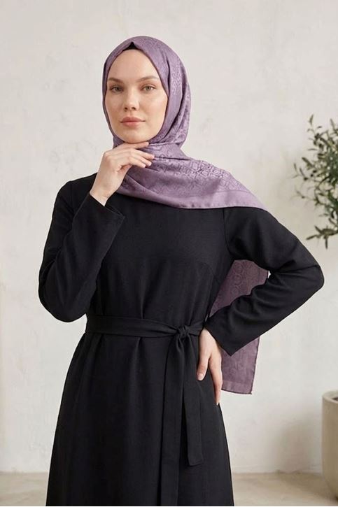 Kadın Bisiklet Yaka Kuşaklı Düz Tesettür Elbise Siyah