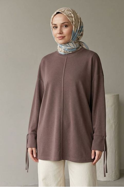 Kadın Pike Kumaş Kol Bağlamalı Uzun Kollu Oversize Rahat Kalıp Salaş Tesettür Tunik Kahve
