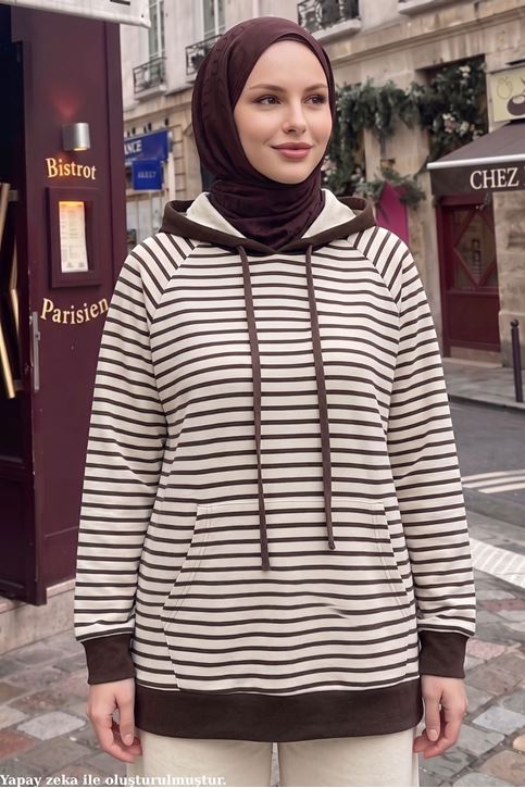 Kadın Modal Kumaş Çizgili  Kanguru Cepli Kapüşonlu Tesettür Sweat Tunik Kahve