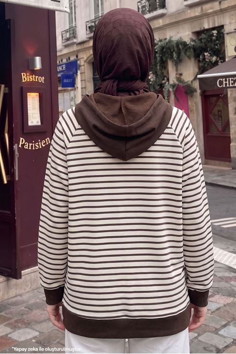 Kadın Modal Kumaş Çizgili  Kanguru Cepli Kapüşonlu Tesettür Sweat Tunik Kahve