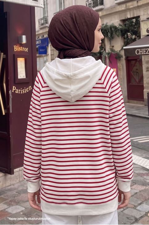 Kadın Modal Kumaş Çizgili  Kanguru Cepli Kapüşonlu Tesettür Sweat Tunik Kırmızı
