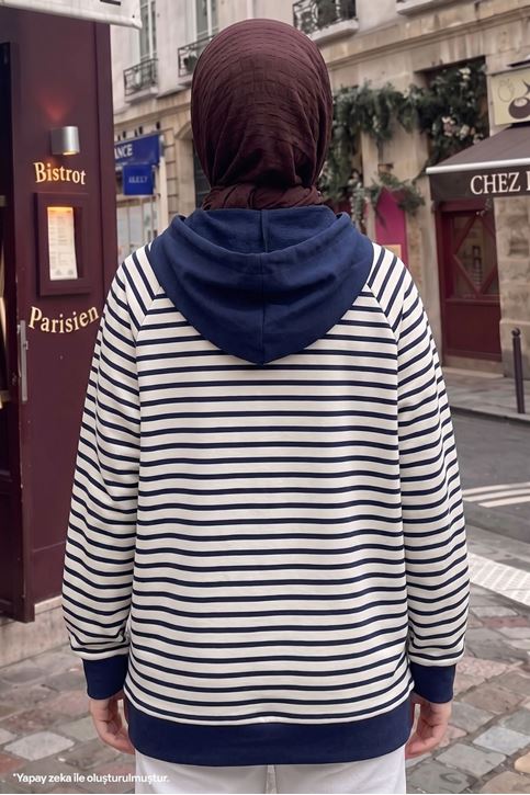 Kadın Modal Kumaş Çizgili  Kanguru Cepli Kapüşonlu Tesettür Sweat Tunik Lacivert