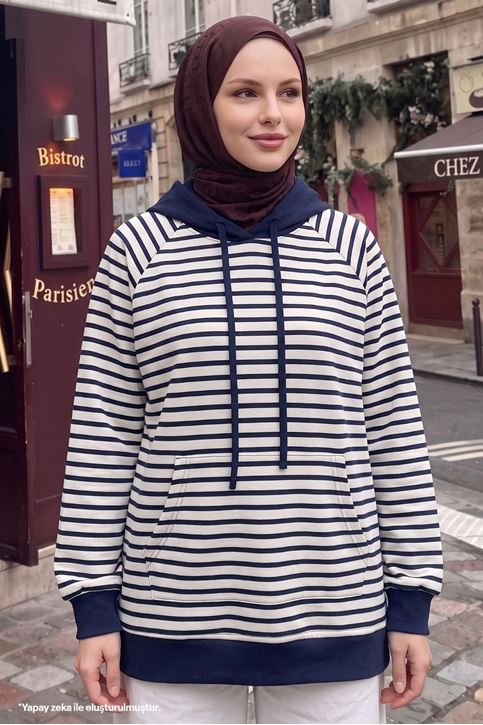 Kadın Modal Kumaş Çizgili  Kanguru Cepli Kapüşonlu Tesettür Sweat Tunik Lacivert
