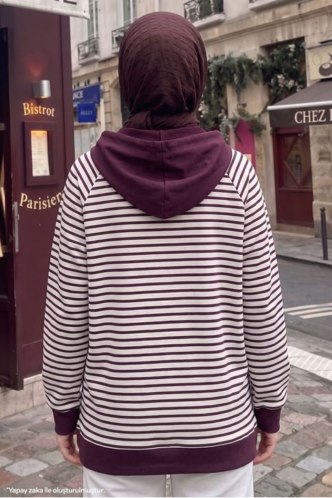 Kadın Modal Kumaş Çizgili  Kanguru Cepli Kapüşonlu Tesettür Sweat Tunik Mürdüm