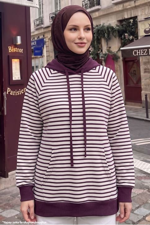 Kadın Modal Kumaş Çizgili  Kanguru Cepli Kapüşonlu Tesettür Sweat Tunik Mürdüm