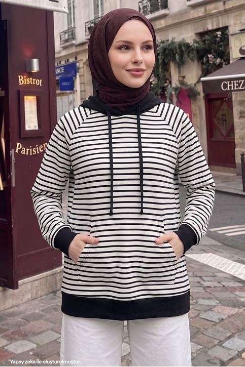 Kadın Modal Kumaş Çizgili  Kanguru Cepli Kapüşonlu Tesettür Sweat Tunik Siyah