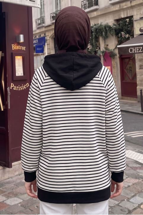 Kadın Modal Kumaş Çizgili  Kanguru Cepli Kapüşonlu Tesettür Sweat Tunik Siyah