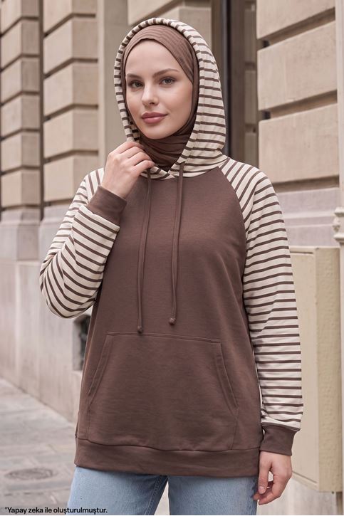 Kadın Kapüşonlu Kanguru Cepli Çizgili Tesettür Sweatshirt Tunik Kahve