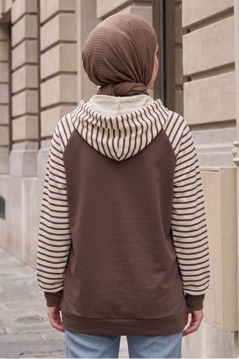 Kadın Kapüşonlu Kanguru Cepli Çizgili Tesettür Sweatshirt Tunik Kahve
