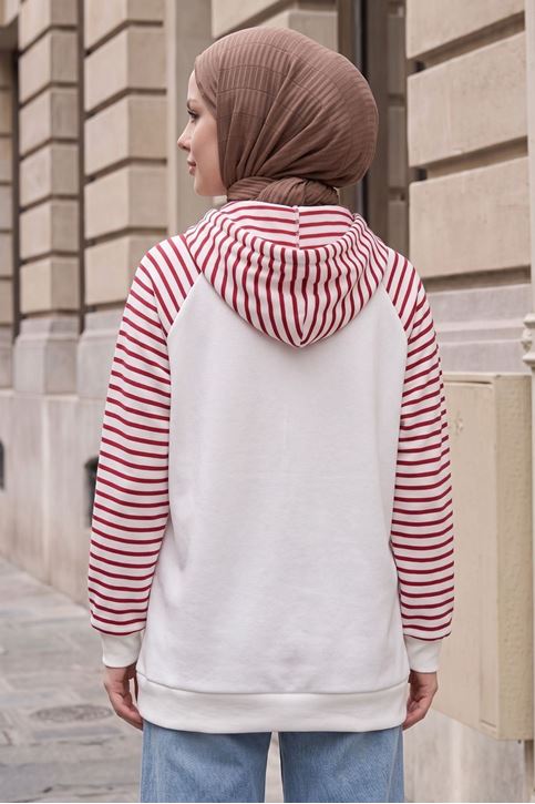 Kadın Kapüşonlu Kanguru Cepli Çizgili Tesettür Sweatshirt Tunik Kırmızı