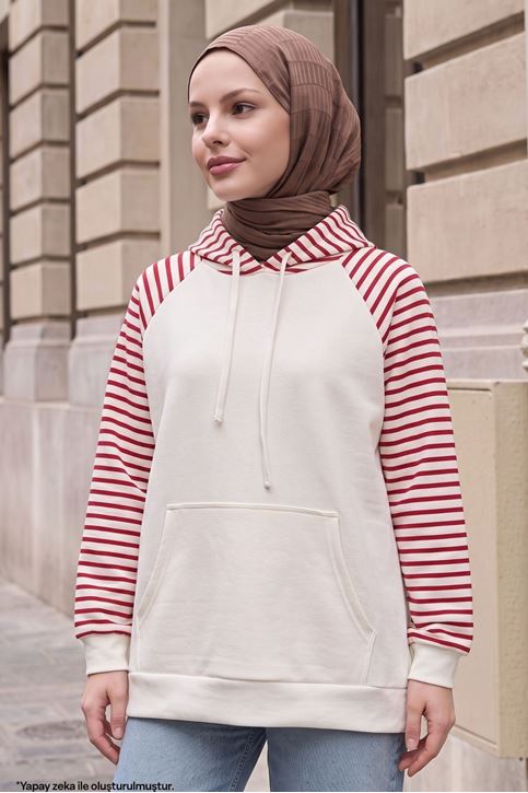Kadın Kapüşonlu Kanguru Cepli Çizgili Tesettür Sweatshirt Tunik Kırmızı