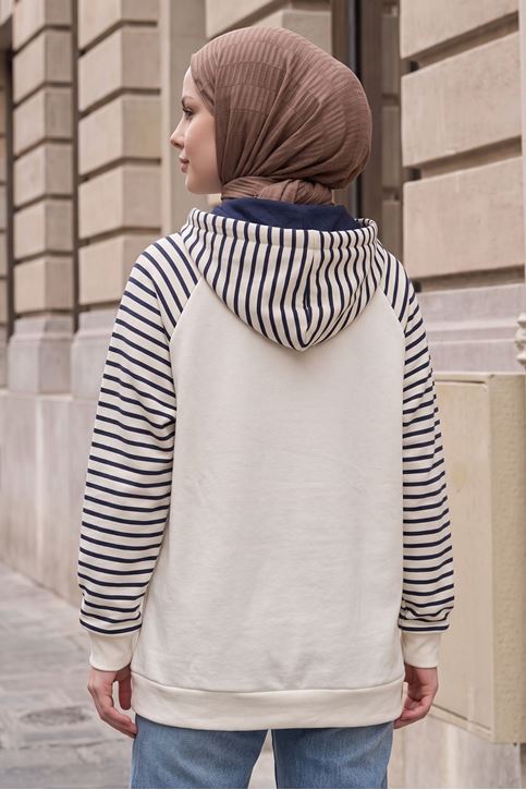 Kadın Kapüşonlu Kanguru Cepli Çizgili Tesettür Sweatshirt Tunik Lacivert