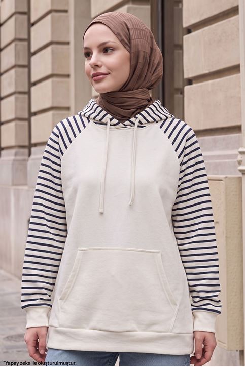 Kadın Kapüşonlu Kanguru Cepli Çizgili Tesettür Sweatshirt Tunik Lacivert
