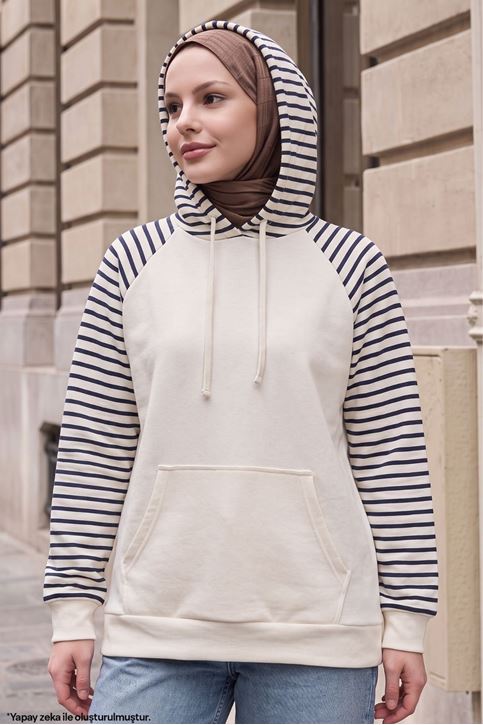 Kadın Kapüşonlu Kanguru Cepli Çizgili Tesettür Sweatshirt Tunik Lacivert