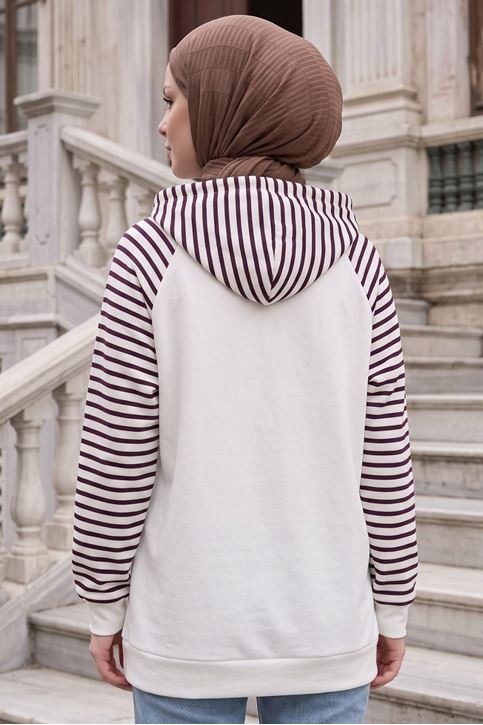 Kadın Kapüşonlu Kanguru Cepli Çizgili Tesettür Sweatshirt Tunik Mürdüm