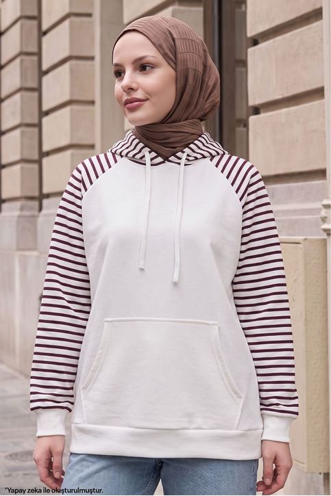 Kadın Kapüşonlu Kanguru Cepli Çizgili Tesettür Sweatshirt Tunik Mürdüm