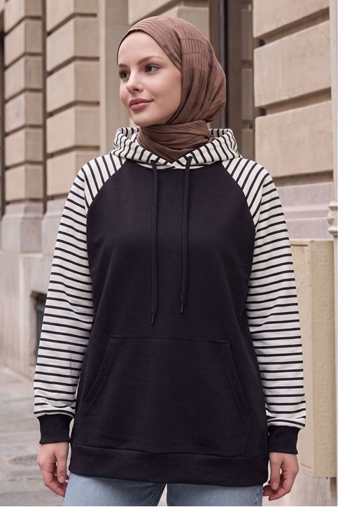 Kadın Kapüşonlu Kanguru Cepli Çizgili Tesettür Sweatshirt Tunik Siyah