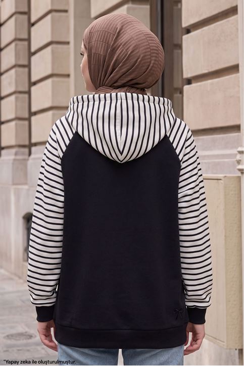 Kadın Kapüşonlu Kanguru Cepli Çizgili Tesettür Sweatshirt Tunik Siyah