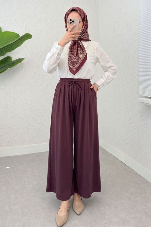 Kadın Beli Lastikli Bağlamalı Geniş Paça Modal Pileli Cepli Tesettür Etekli Pantolon Bordo