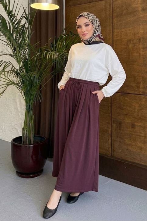 Kadın Beli Lastikli Bağlamalı Geniş Paça Modal Pileli Cepli Tesettür Etekli Pantolon Bordo