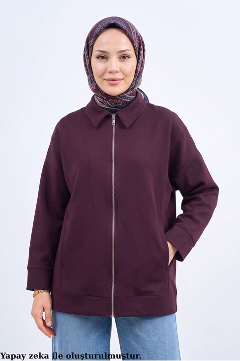 Kadın Cepli Ceket Yaka Fermuarlı Dabıl Kumaş Ceket Bordo