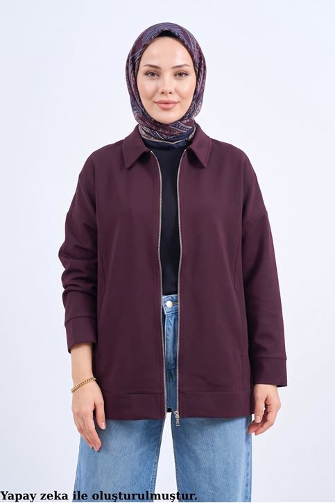 Kadın Cepli Ceket Yaka Fermuarlı Dabıl Kumaş Ceket Bordo