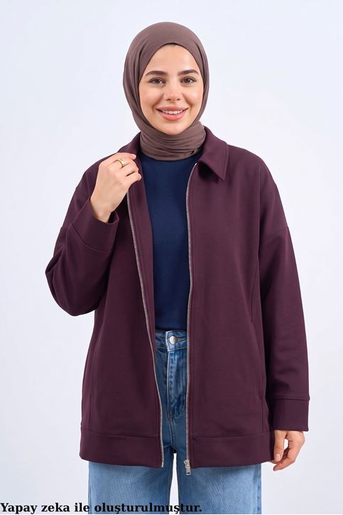 Kadın Cepli Ceket Yaka Fermuarlı Dabıl Kumaş Ceket Bordo