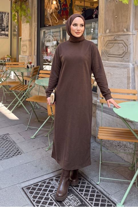 Kadın Kol Manşetli Rahat Kalıp Oysho Kalın Yumuşak Dokulu Kumaş Kışlık Tesettür Uzun Elbise Kahve