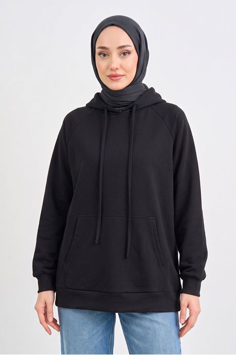 Kadın Siyah Oysho Kumaş Yumuşak Dokulu Kapüşonlu Sweatshirt Kanguru Cepli Günlük Tesettür Sweat