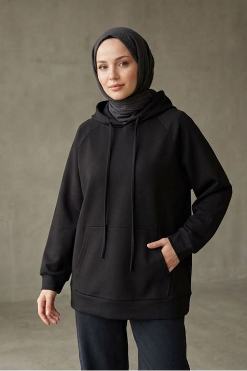 Kadın Siyah Oysho Kumaş Yumuşak Dokulu Kapüşonlu Sweatshirt Kanguru Cepli Günlük Tesettür Sweat