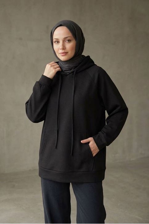 Kadın Siyah Oysho Kumaş Yumuşak Dokulu Kapüşonlu Sweatshirt Kanguru Cepli Günlük Tesettür Sweat