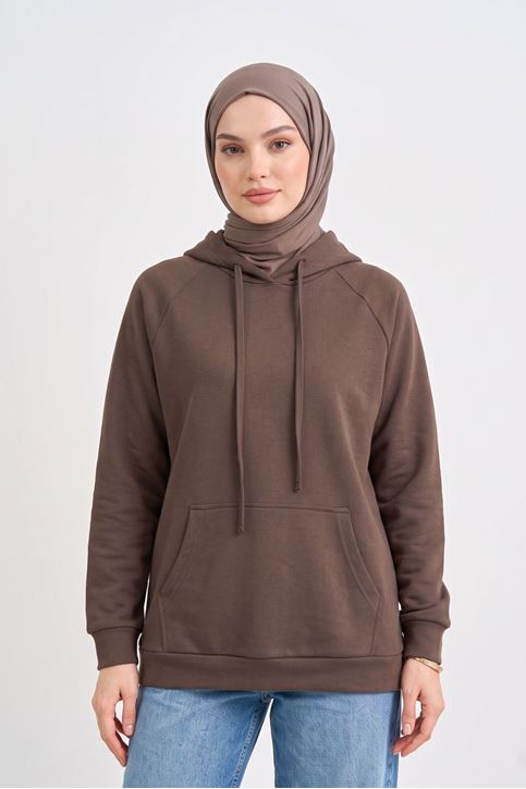 Kadın Kahve Oysho Kumaş Yumuşak Dokulu Kapüşonlu Sweatshirt Kanguru Cepli Günlük Tesettür Sweat
