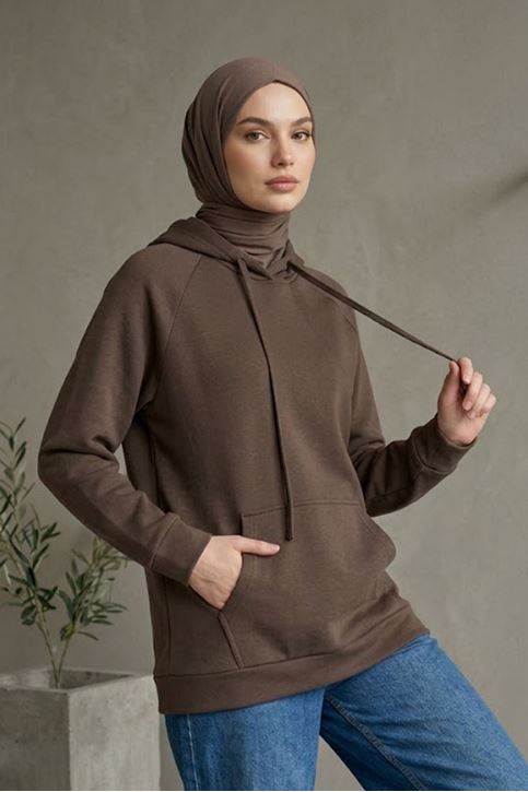 Kadın Kahve Oysho Kumaş Yumuşak Dokulu Kapüşonlu Sweatshirt Kanguru Cepli Günlük Tesettür Sweat