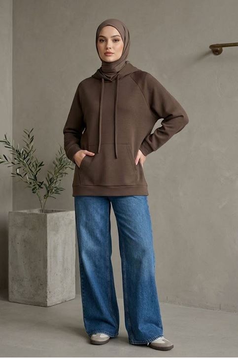 Kadın Kahve Oysho Kumaş Yumuşak Dokulu Kapüşonlu Sweatshirt Kanguru Cepli Günlük Tesettür Sweat