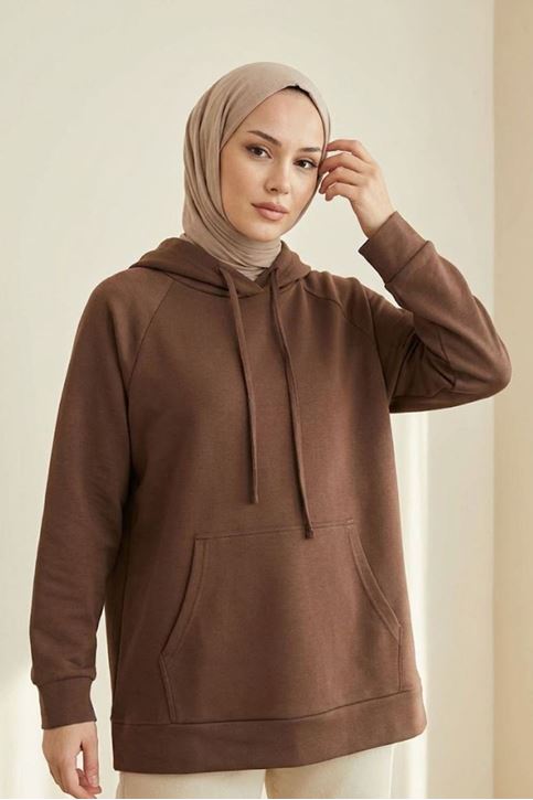 Kadın Açık Kahve Oysho Kumaş Yumuşak Dokulu Kapüşonlu Sweatshirt Kanguru Cepli Günlük Tesettür Sweat 
