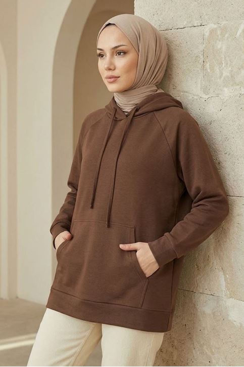 Kadın Açık Kahve Oysho Kumaş Yumuşak Dokulu Kapüşonlu Sweatshirt Kanguru Cepli Günlük Tesettür Sweat 